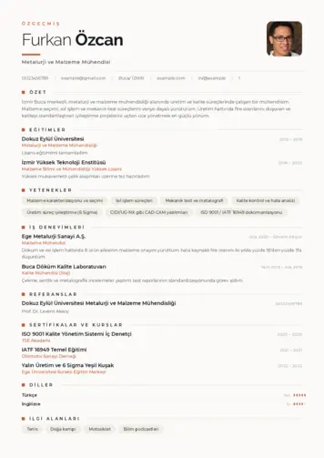 Metalürji Ve Malzeme Mühendisliği Cv Örnekleri cv indir